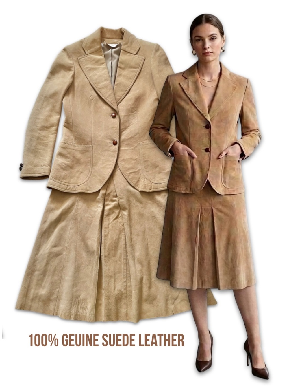 Vintage HORST Suede Leather Skirt Suit Set Tan Beige XXS XS Tiny Miniature